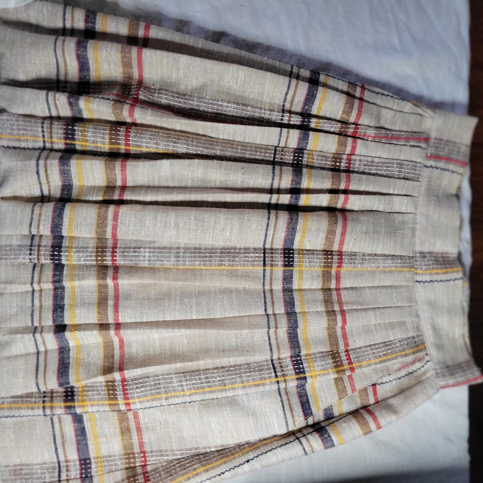 Vintage Plaid Pleated Midi Skirt High Waisted Linen Blend Beige Multi Size Vtg 8