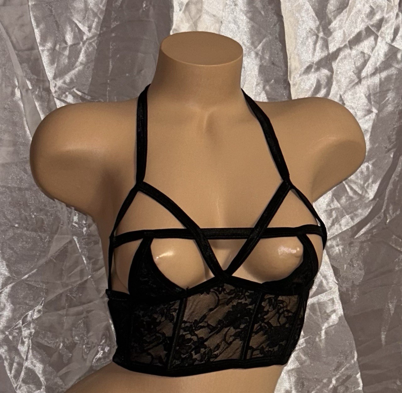 Black Sheer Lace Underwire Boned Tie Around Neck Bra Brassiere Bustier