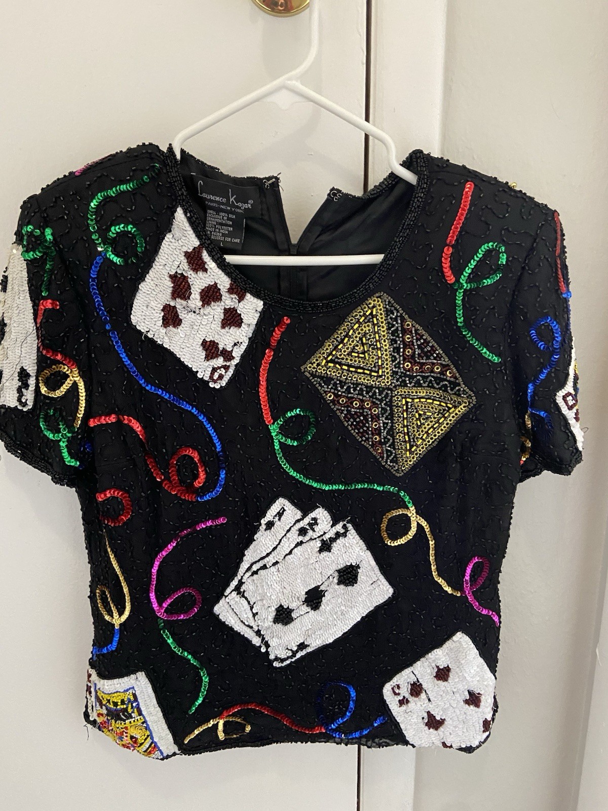 Laurence Kazar Sequined Silk Playing Cards Shirt Black Size L