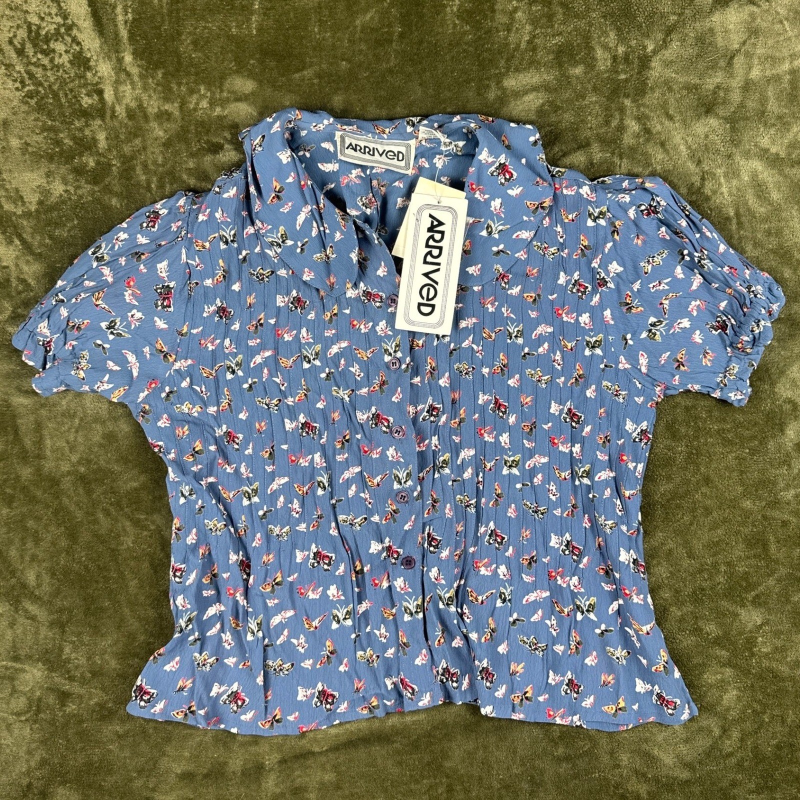 Arrived Vintage 90s Butterfly Print Pleated Blouse Blue Rayon Puff Sleeve Medium