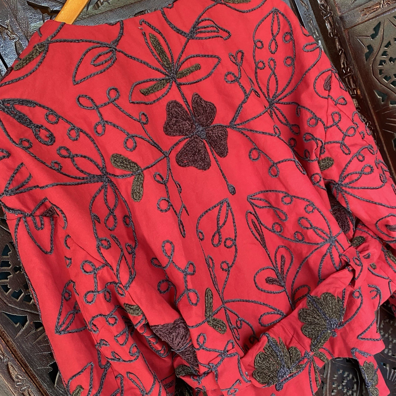 Statement Chenille Embroidered Jacket Womens L Artisan Floral Red Tie Waist