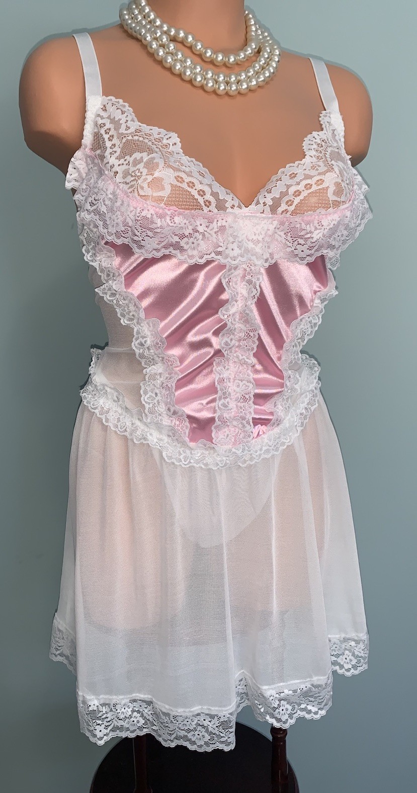 NEW Shiny Satin & Frilly Lacy Nightie 1X Babydoll Negligee Chiffon Sheer 2pc