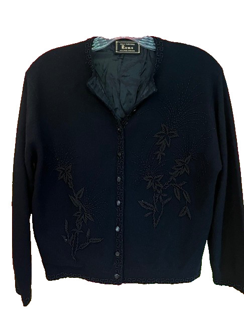 Vtg 50s Hi End Black Beaded CASHMERE Cardigan Silk Lined KAMS Fully Fashion M