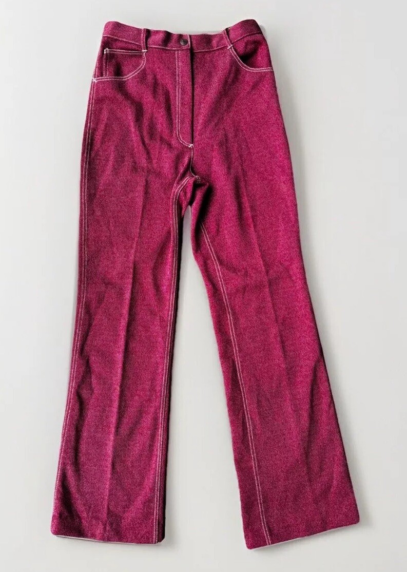 70s Sears Womens Disco Boot Cut Burgundy Pants.high Waist.white Trim.27-28”/31”