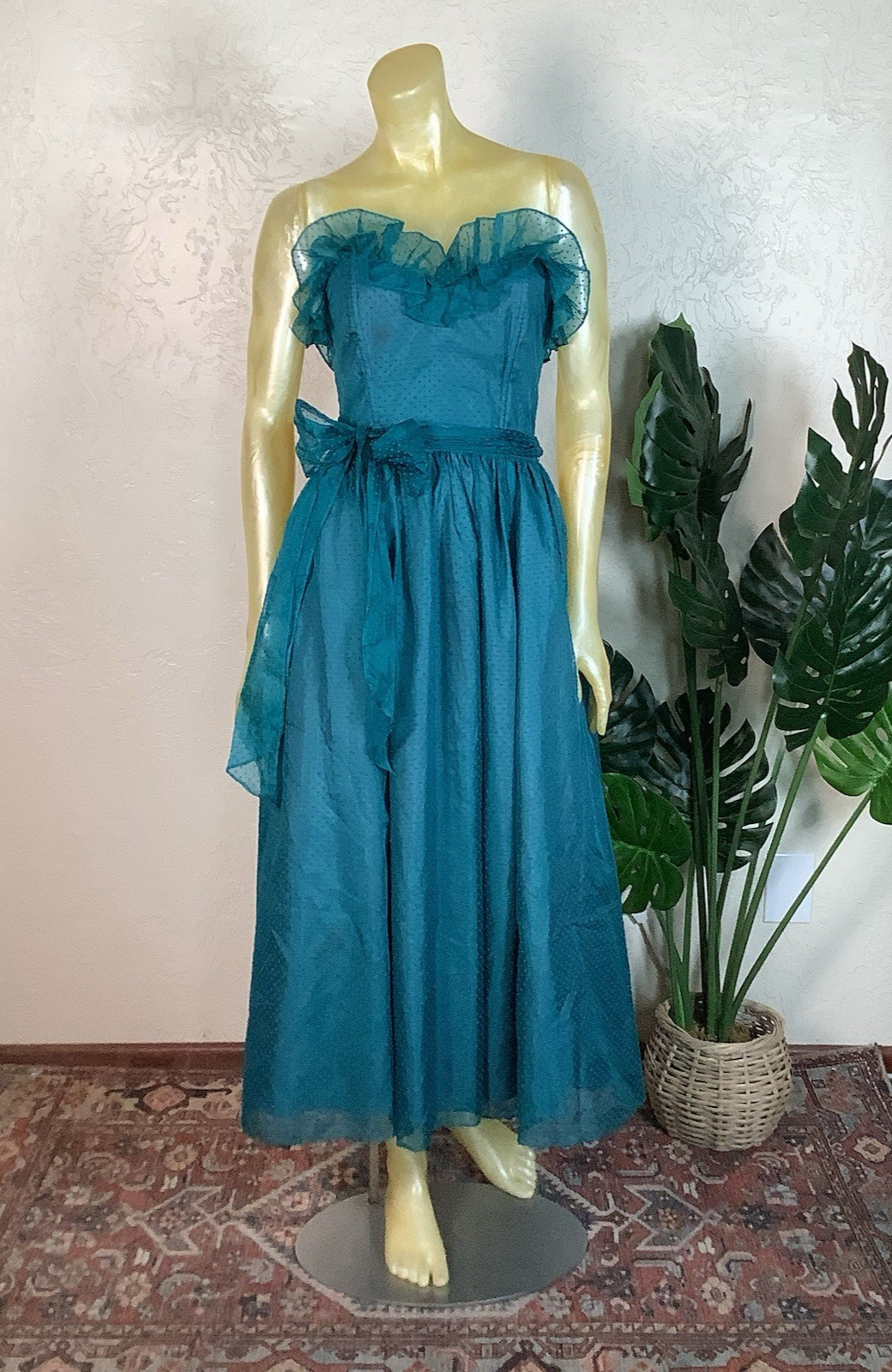 Vtg 1980s Gunne Sax Teal Swiss Dot Strapless Tea Length Semi-Formal Dress