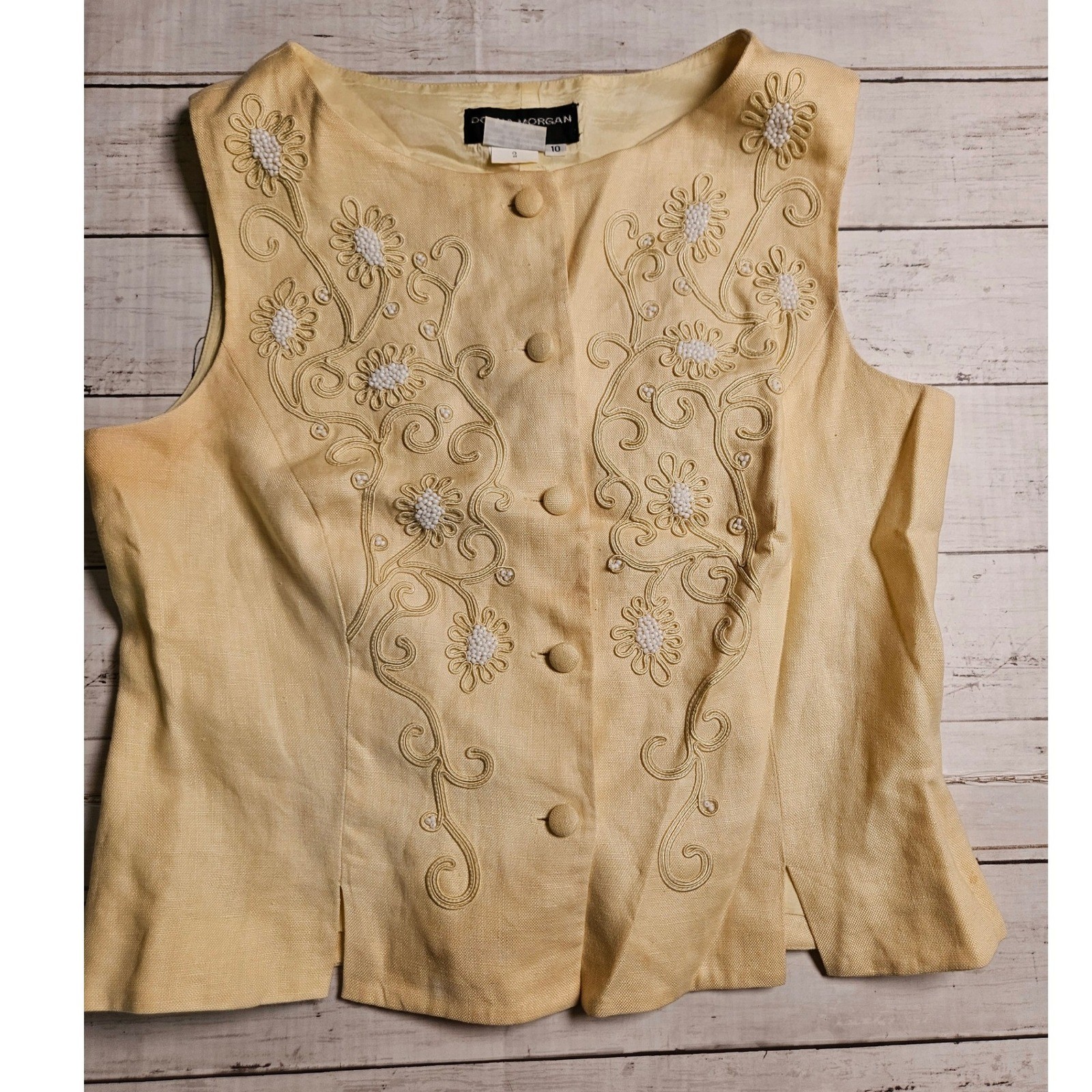 Donna Morgan Petites Yellow Linen Embroidered Beaded Vest Top Size 10 Vintage