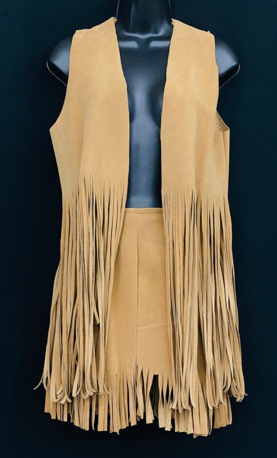 Vintage 1970s tan fringe mini skirt vest set, faux leather suede brown boho XXS