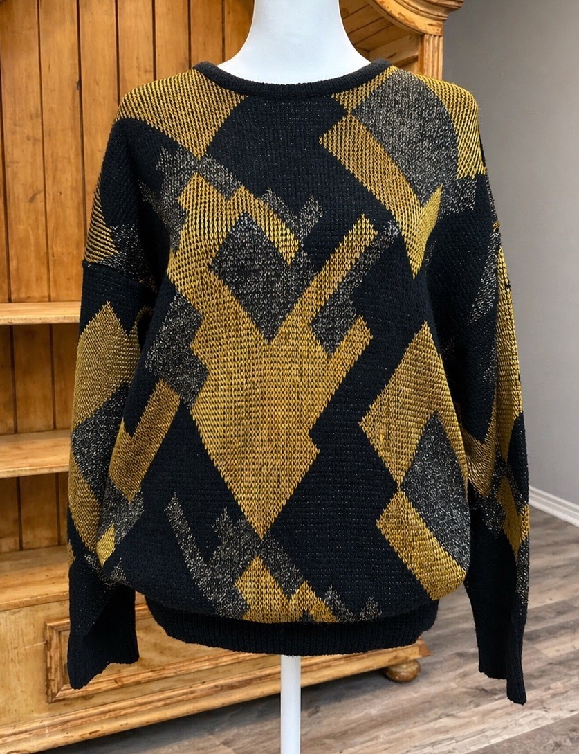 Vtg 80s Knit Sweater Di Bari Italy Abstract Geometric ColorBlock Oversized L-XL
