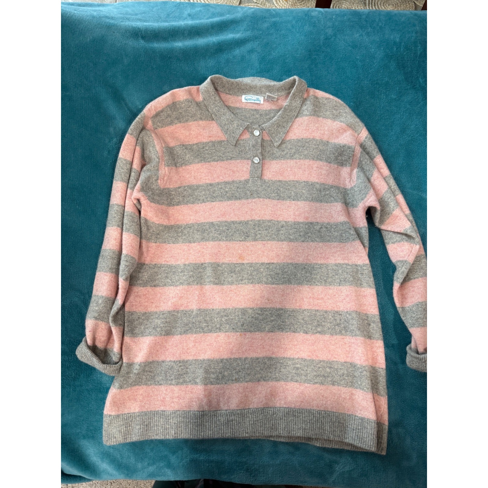Pappagallo Vintage Pink Grey Striped Lambswool Angora Polo Sweater Womens Medium