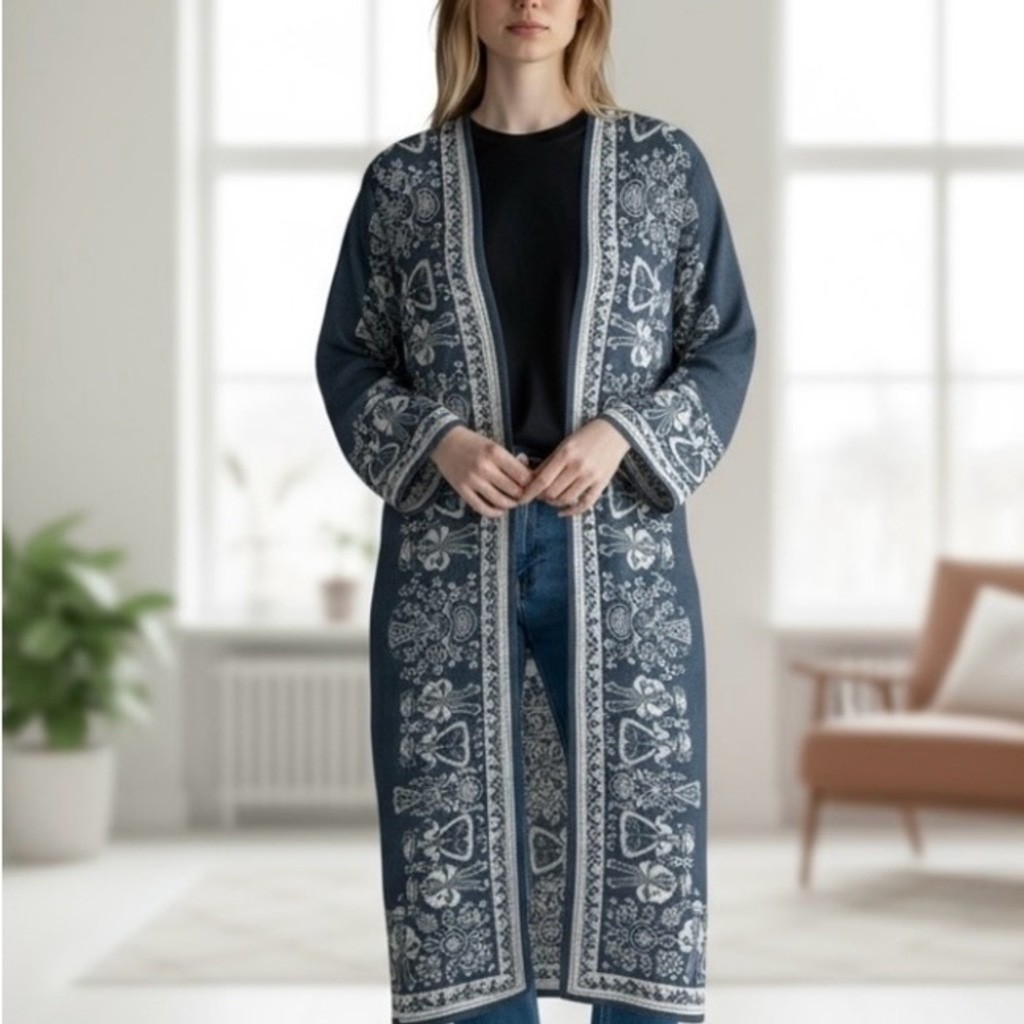 Vintage Reversible Long Cotton Jacket Created With Woven Folk Imagery