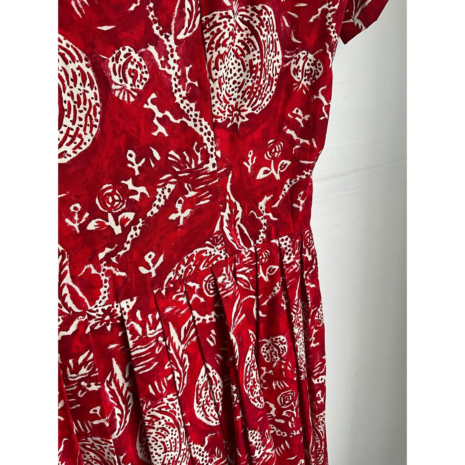 Vintage i Magnin Fit Flare Midi Dress Red Pomegranate Print Made France Size M