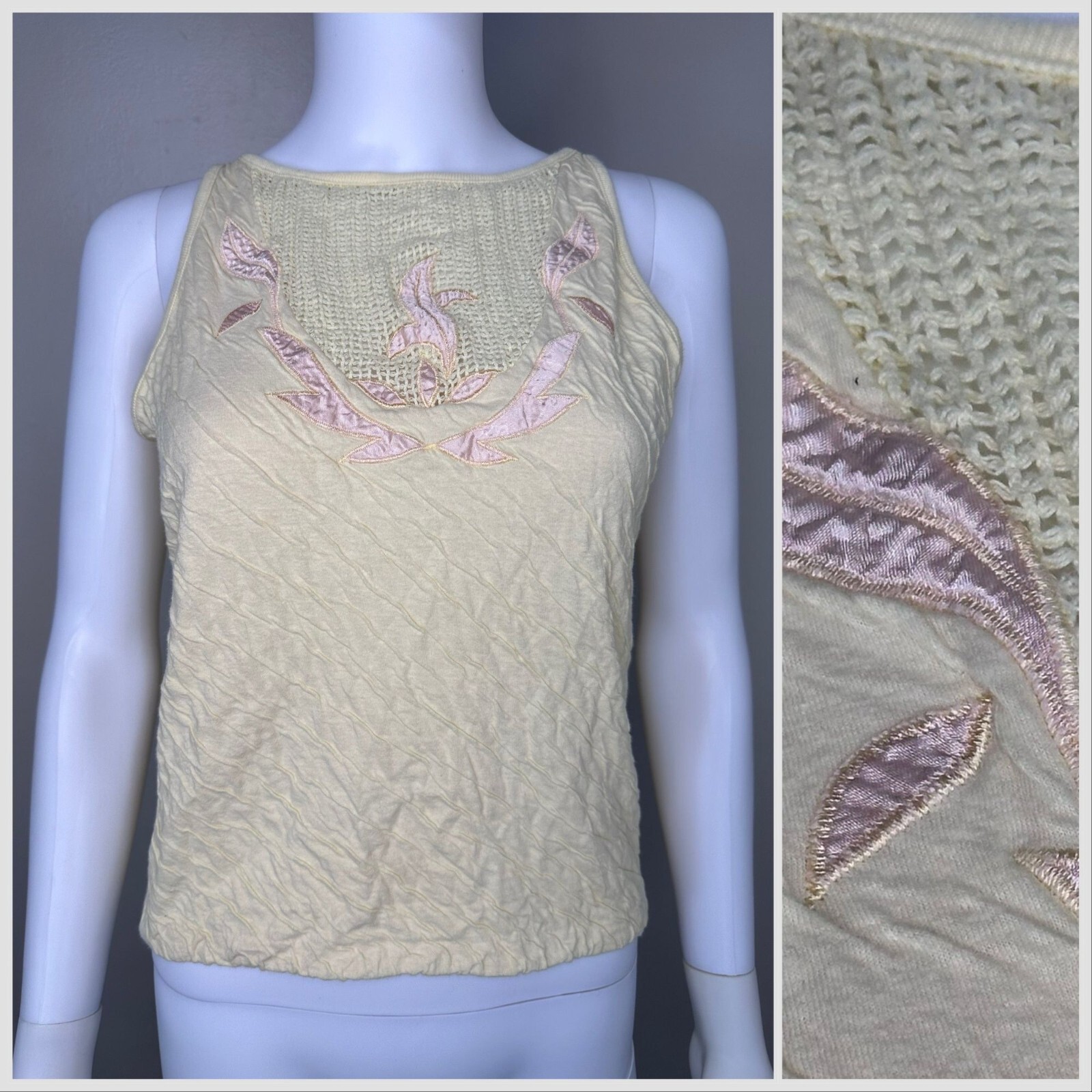 Vintage 1980s Crinkle Tank Top 80s Midnight Blues Mesh Insert Satin Applique