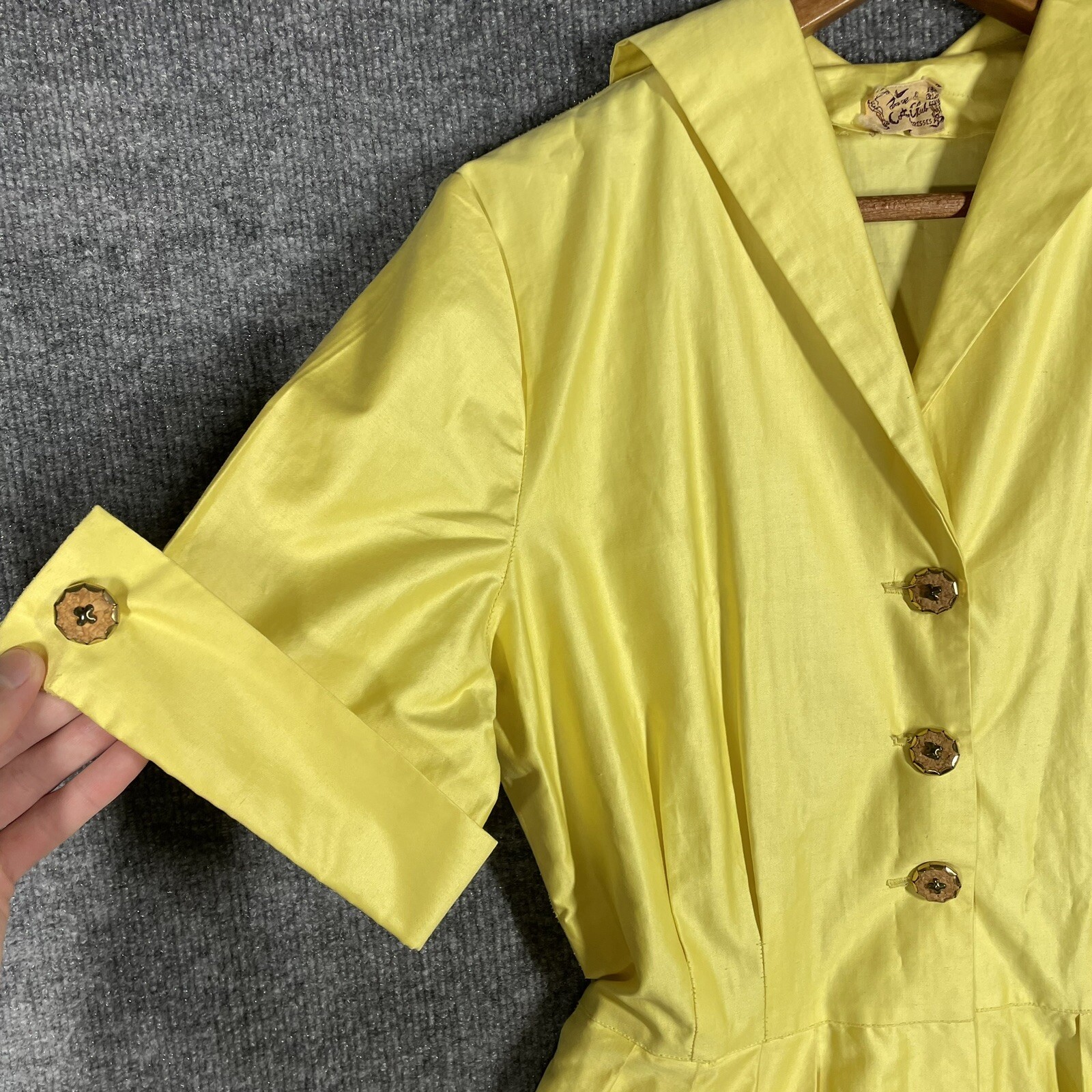VINTAGE 50s Town & Country Club Dress Small Polished Cotton Day Tea Swing Yellow