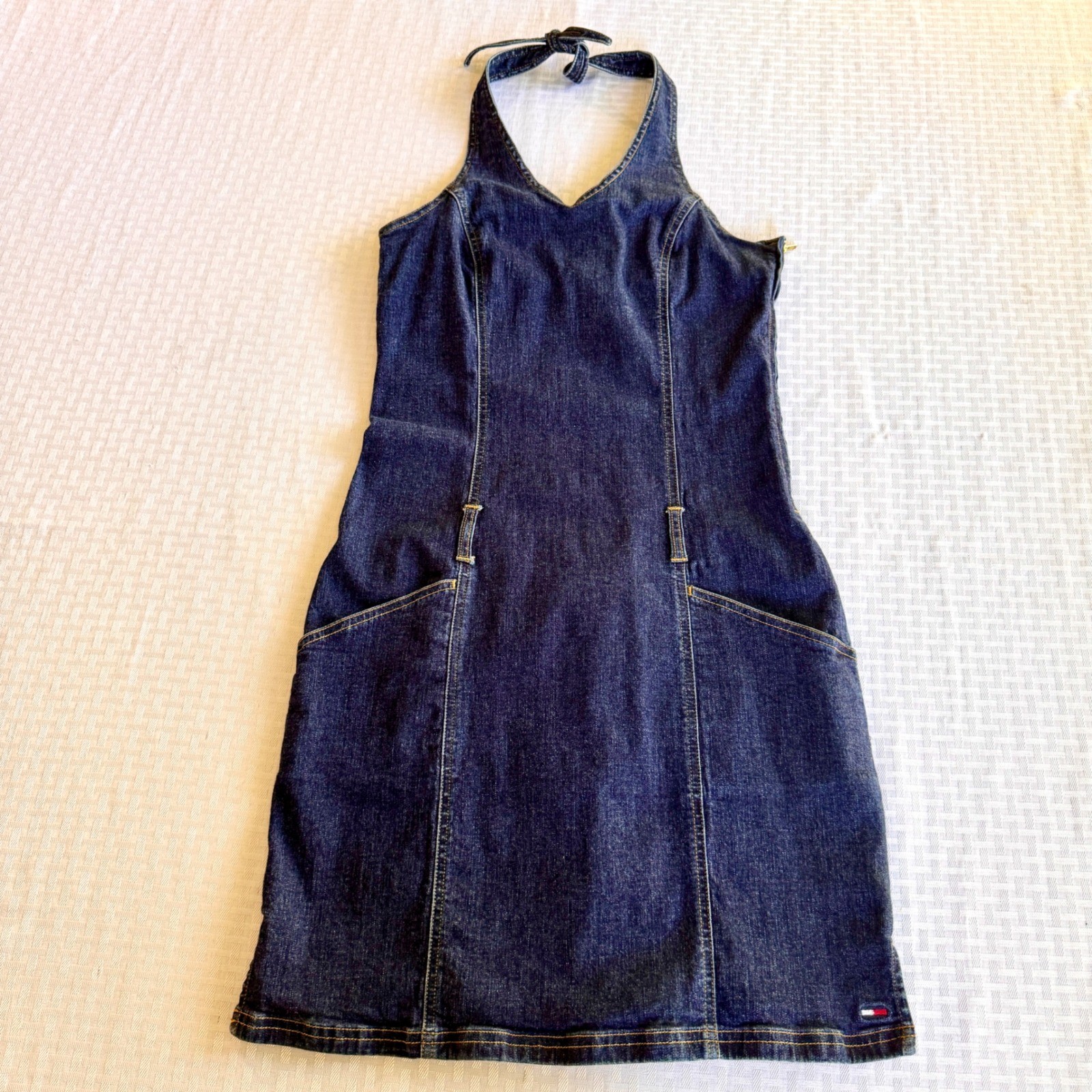 Tommy Jeans Vintage 90s Denim Halter Mini Dress Dark Wash Indigo Womens Medium