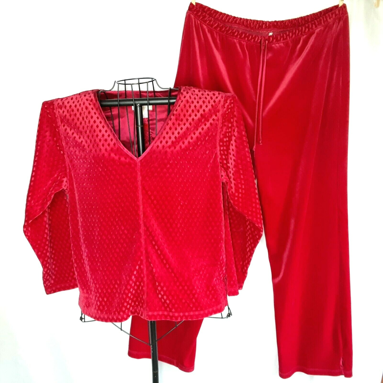 Vtg Sag Harbor Raised Diamond Crushed Velvet w/Charmeuse Satin Trim PJ Set LG