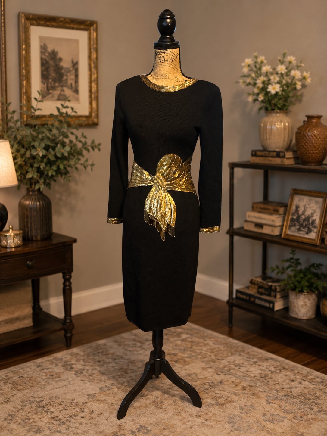 Vintage Don Sayres for Wellmore Black Wool Blend Cocktail Dress | Gold Beaded &