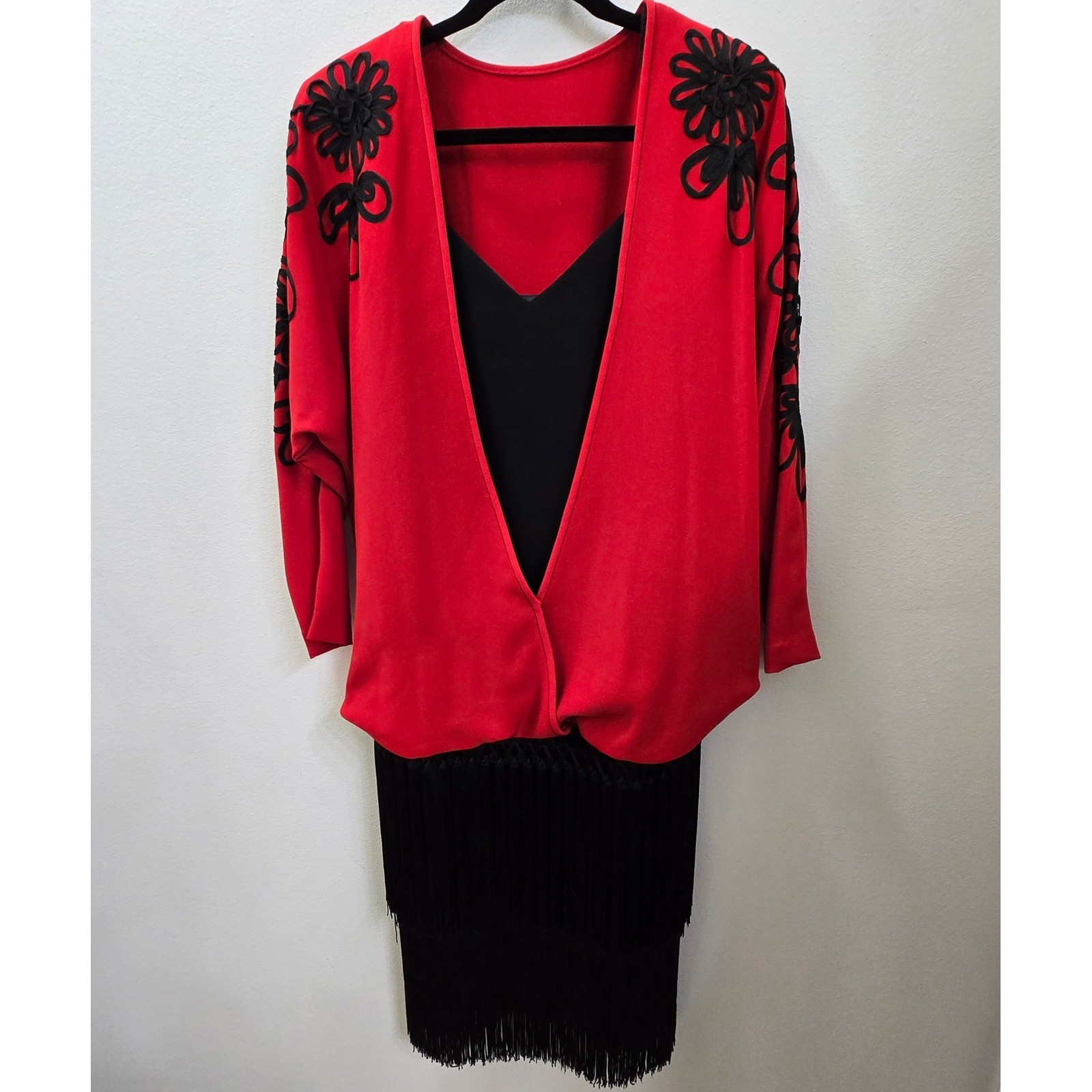 Vintage Casadei Red Black Fringe Soutache Floral Evening Dress Size 10 USA Made