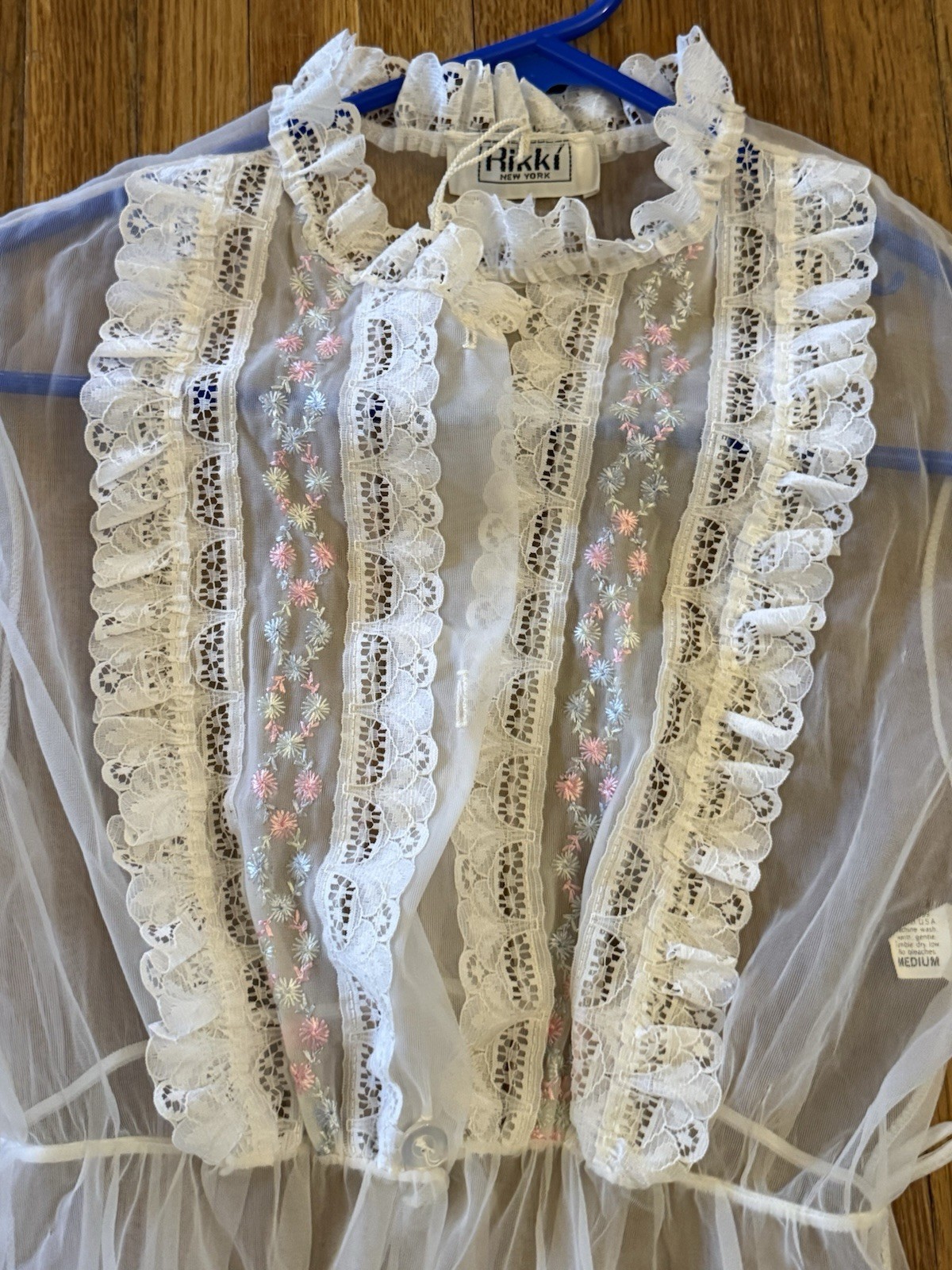 Vintage RIKKI NEW YORK Long White Sheer LACE Robe Med