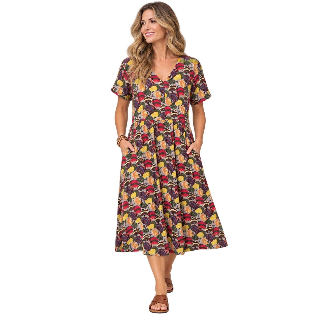 VTG FLAX Jeanne Engelhart Dress M Rayon Abstract Print Midi Pockets Lithuania
