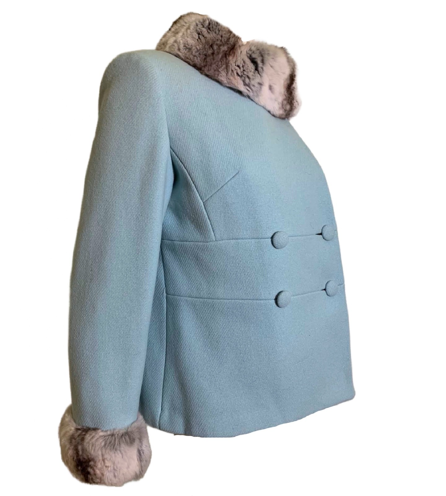 True Vintage Robin’s Egg Blue Wool 1960s Jacket Chinchilla Fur Trim S