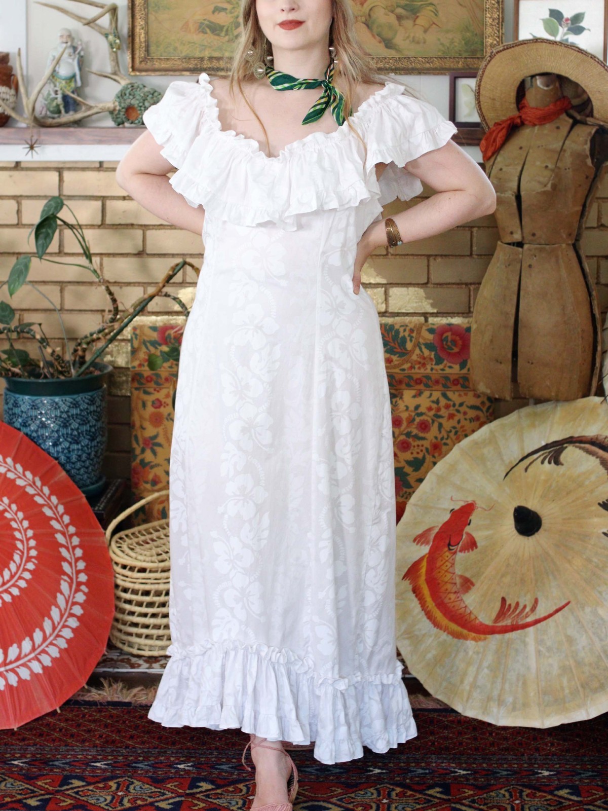 VTG White Cotton Hawaiian Holoku Dress Ruffle Off Shoulder Hibiscus Wedding