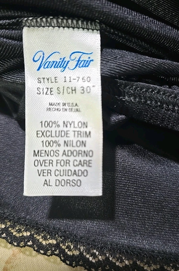 Nylon Half Slip Vintage Vanity Fair Black Single Seam Slit Waist 26″-32″ L 30″