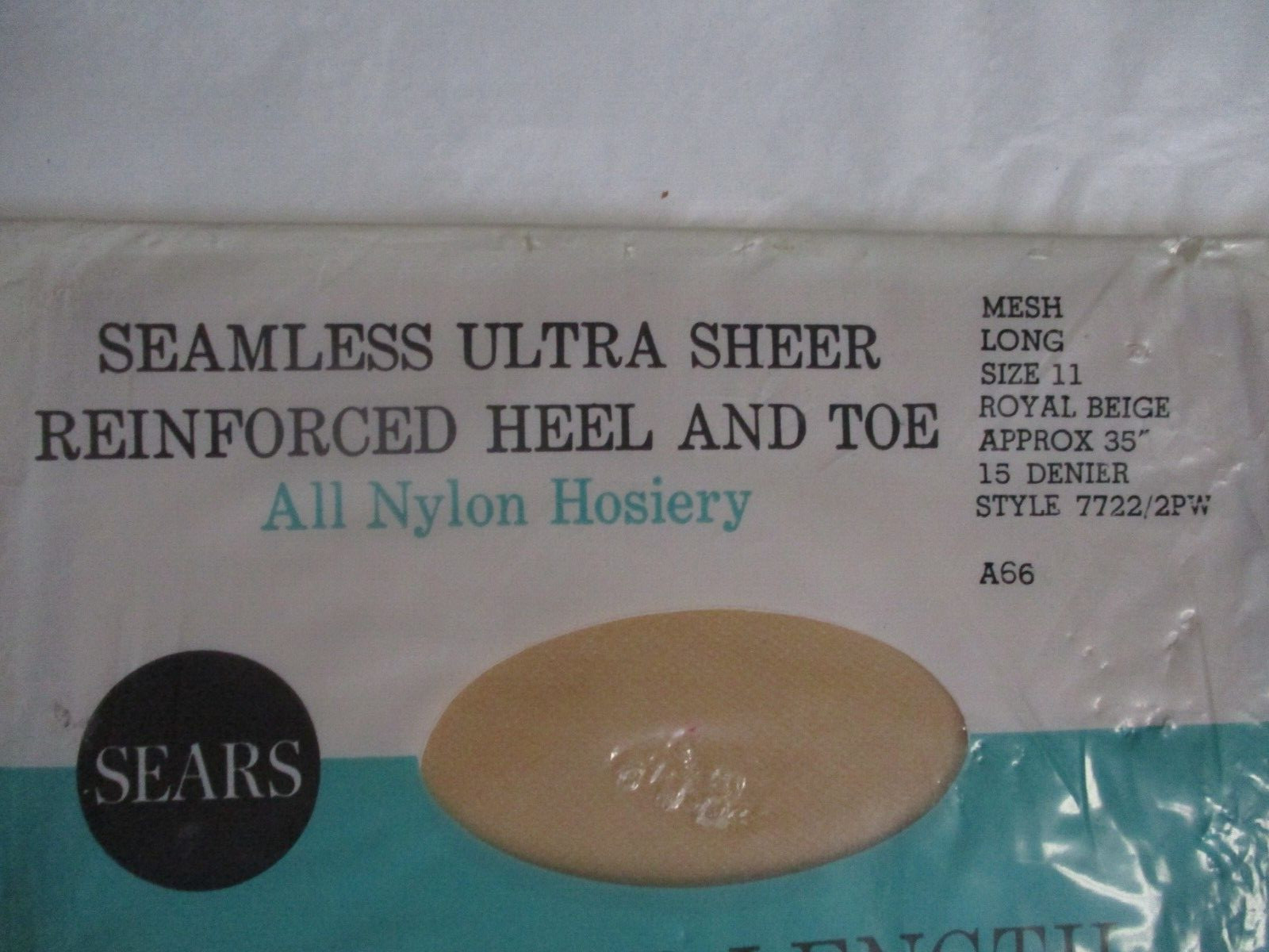 1PR VINTAGE SEARS RHT SHEER MICRO MESH NYLON STOCKINGS SIZE 11 LONG 35″ BEIGE