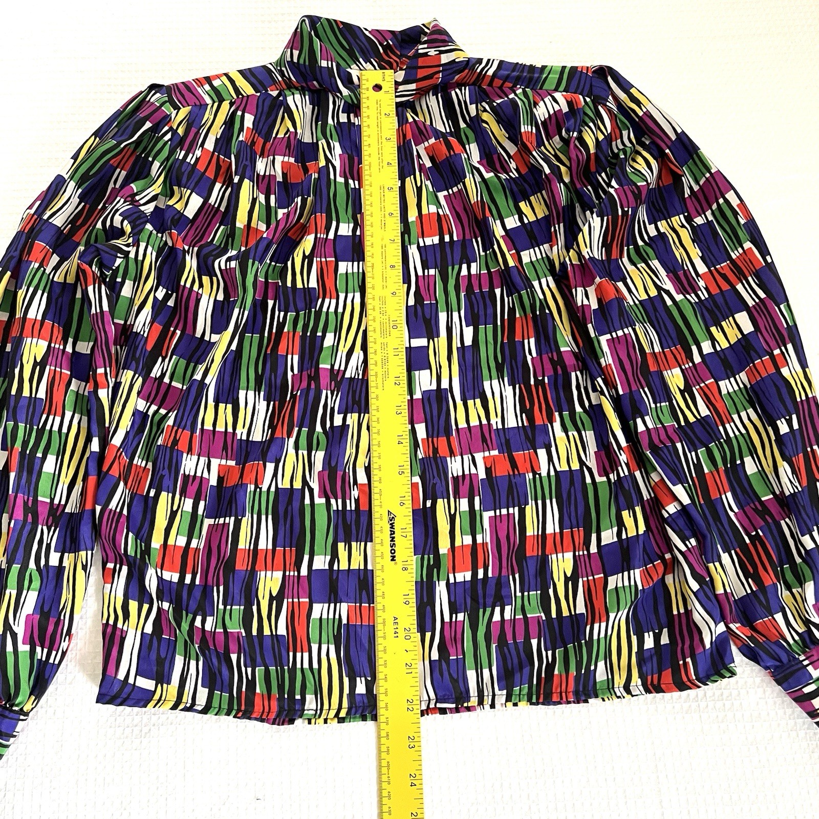 VTG 80s Anna Kriste Blouse Sz M/L High Neck Artsy Abstract Shoulder Pad USA Made