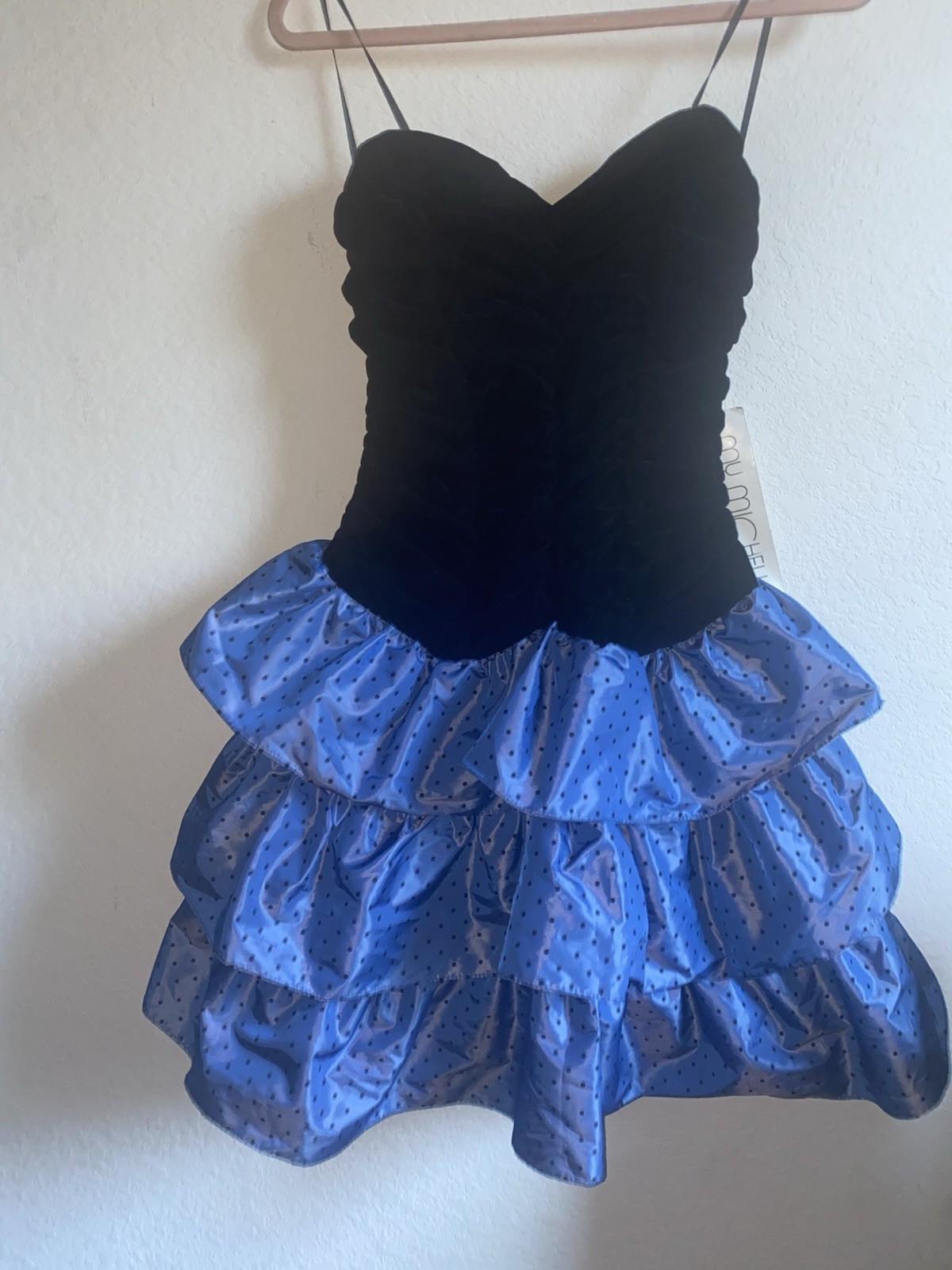 VTG Y2K My Michelle Strapless Black Velvet Bodice Polka Dot Tiered Dress 11/12