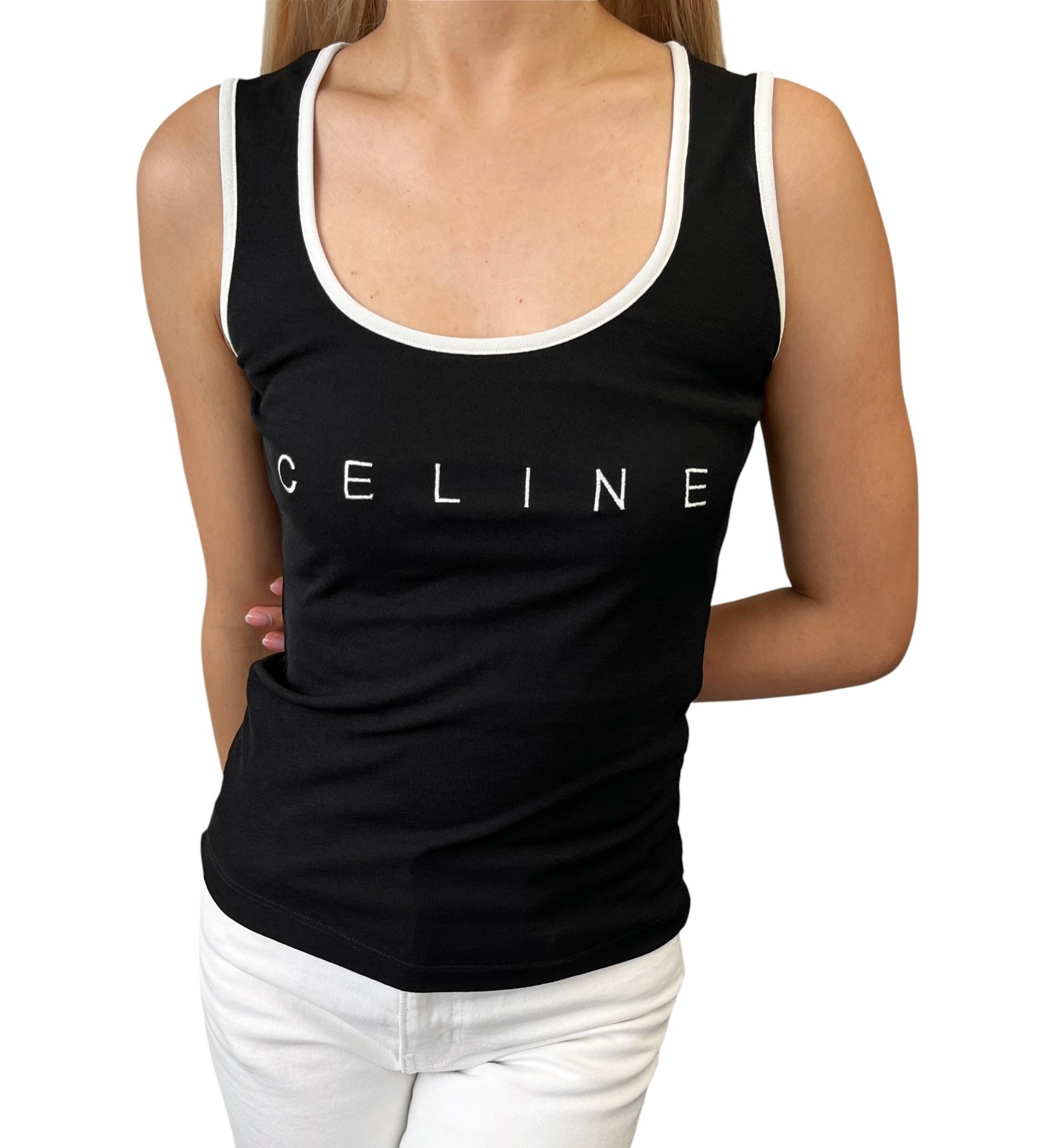 CELINE Vintage Logo Tank Top #38 Black White Polyester Sleeveless 902071