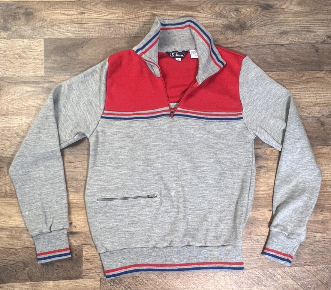 70s Sweater 1/4 Zip Acrylic Vintage Eileen High Collar Zip Pocket Medium .