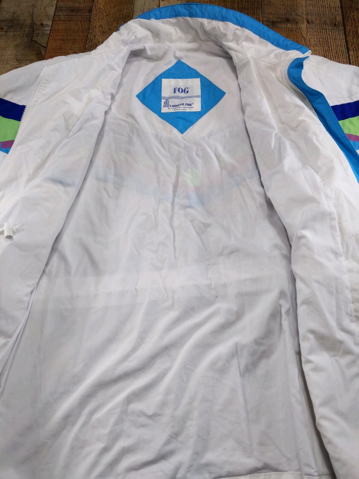 Vtg 80s London Fog Womens L Ski Jacket White Green Purple Aztec look bright colo