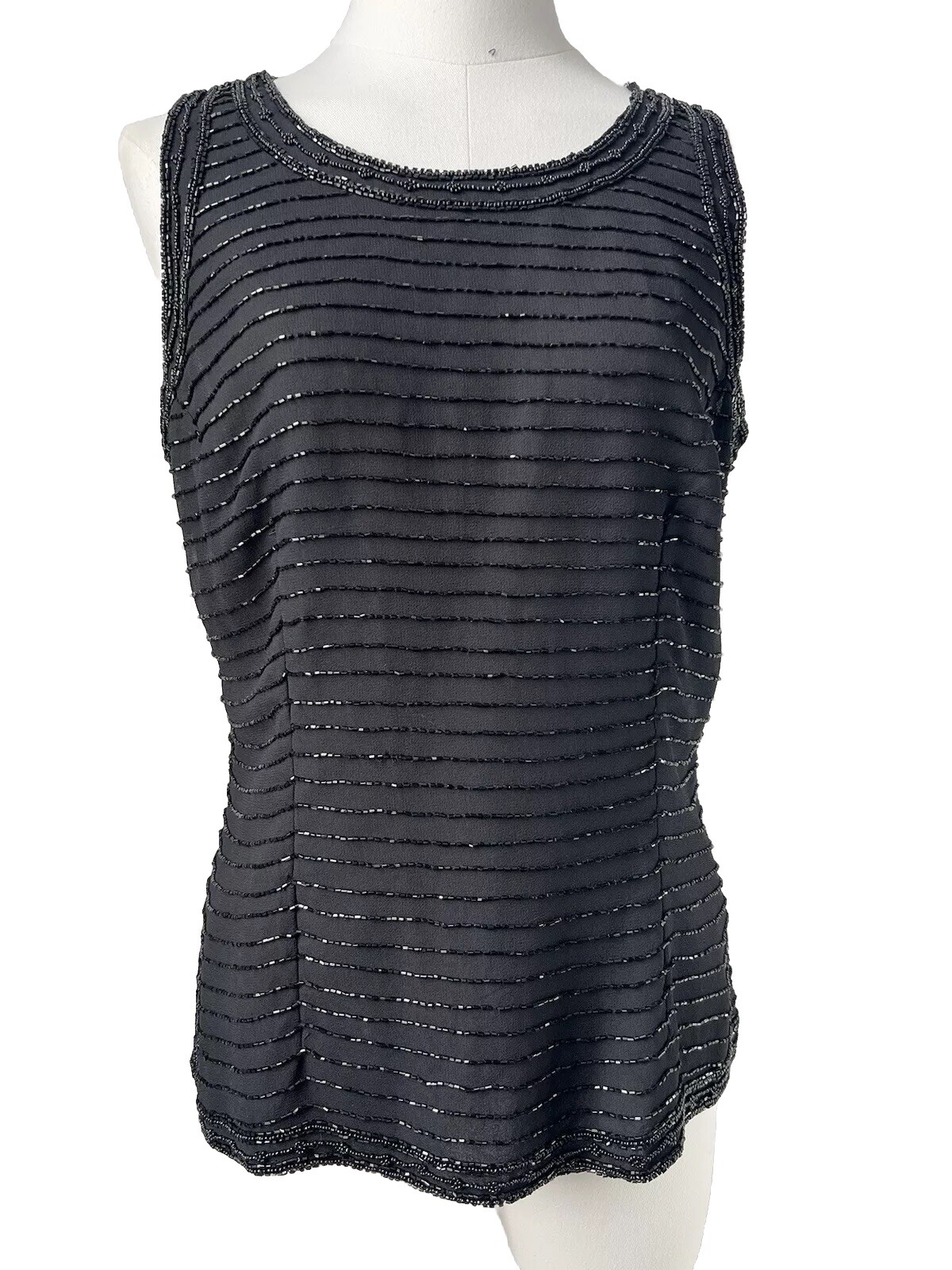 Vintage JKara New York Black Striped Beaded Sleeveless Evening Top Size M S/M