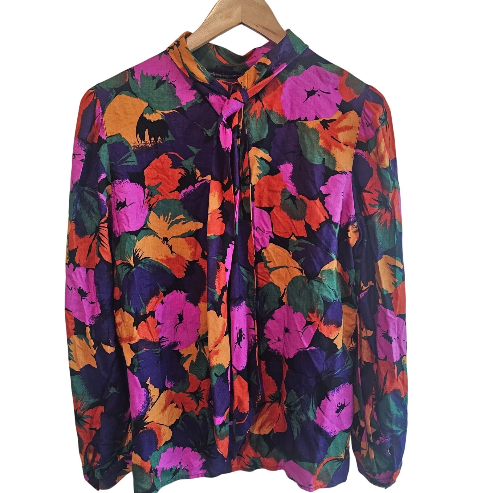 Vintage 80s Floral Blouse Women Large Purple Glam Career Mock Neck Boho Retro