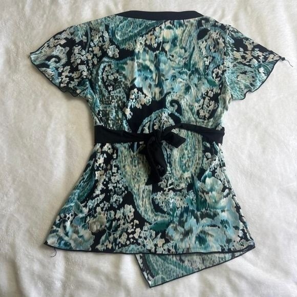 IZ Byer teal asymmetrical graphic babydoll tie back top y2k vintage fairy boho