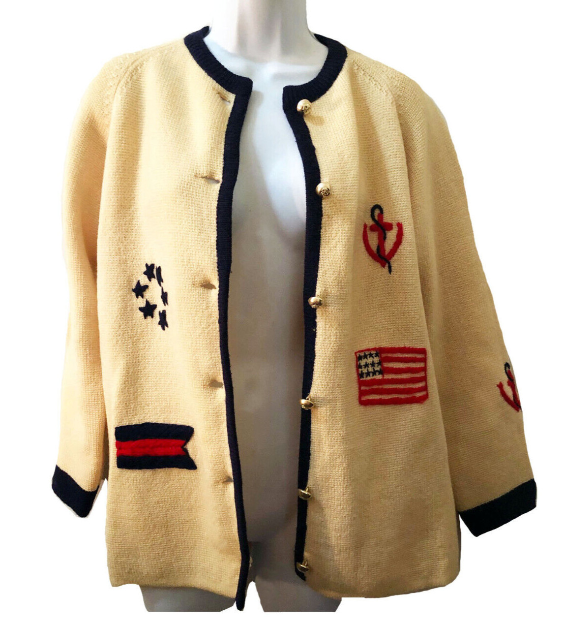 VTG 60s Ivory Wool Navy Trim Gold Button Cardigan w Sailing Boating Embroidery M