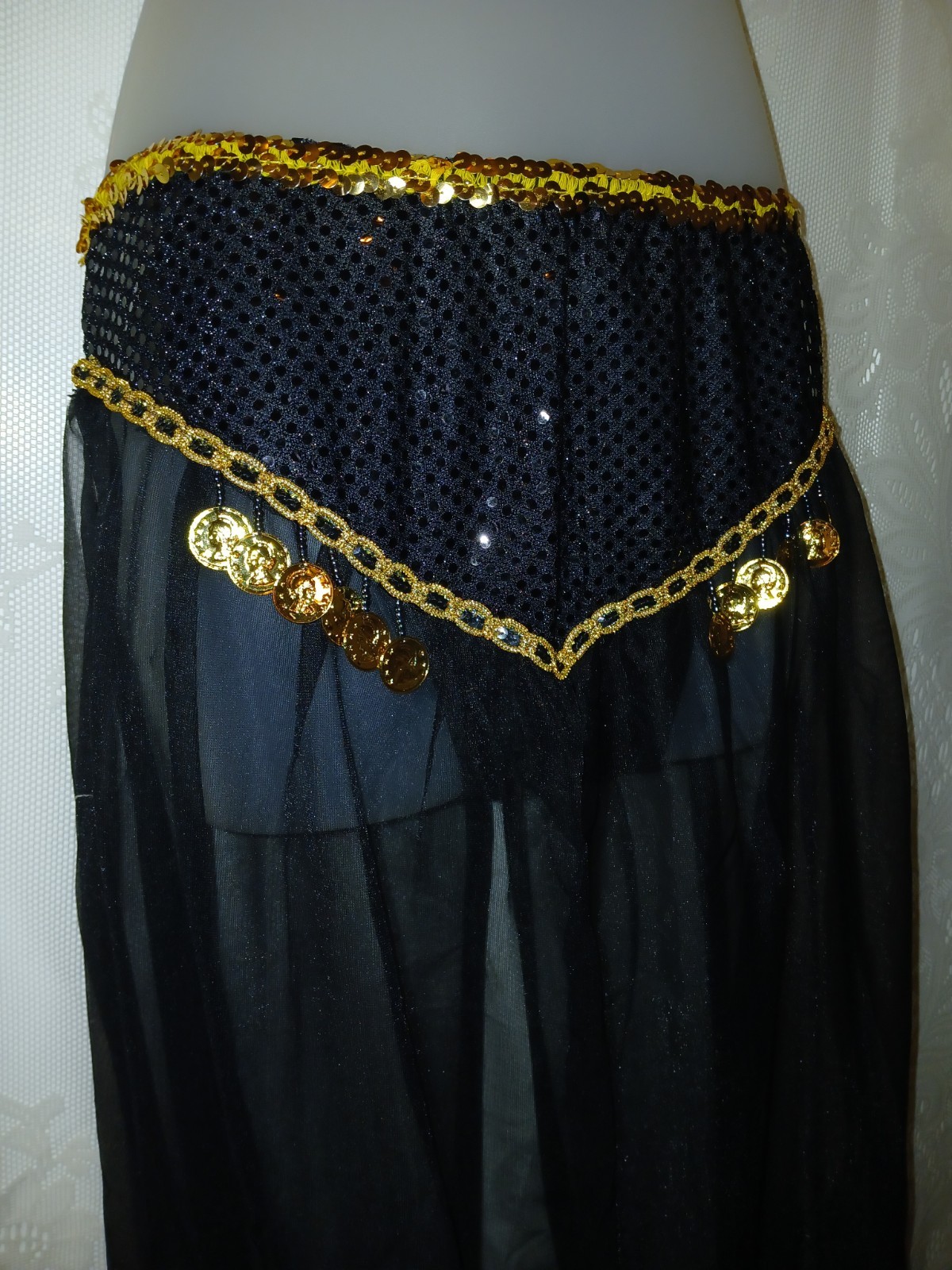 Vintage Belly Dancing Harem Genie Costume Black Chiffon Sequin Gold Coins XS