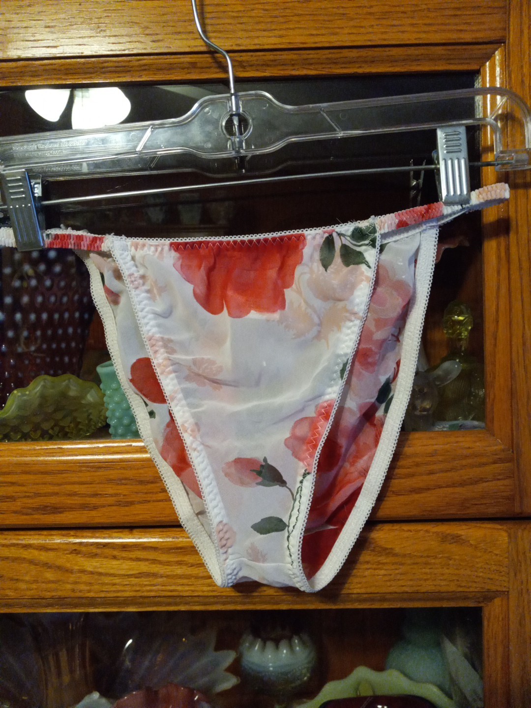 Vintage Delicates? String Bikini Sheer Polyester M White Red Floral See Through