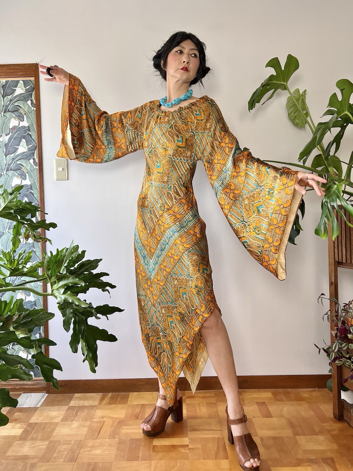 RARE 1960s 70s Psychedelic Chevron Caftan Dress Bias Cut Butterfly Sleeve Boho