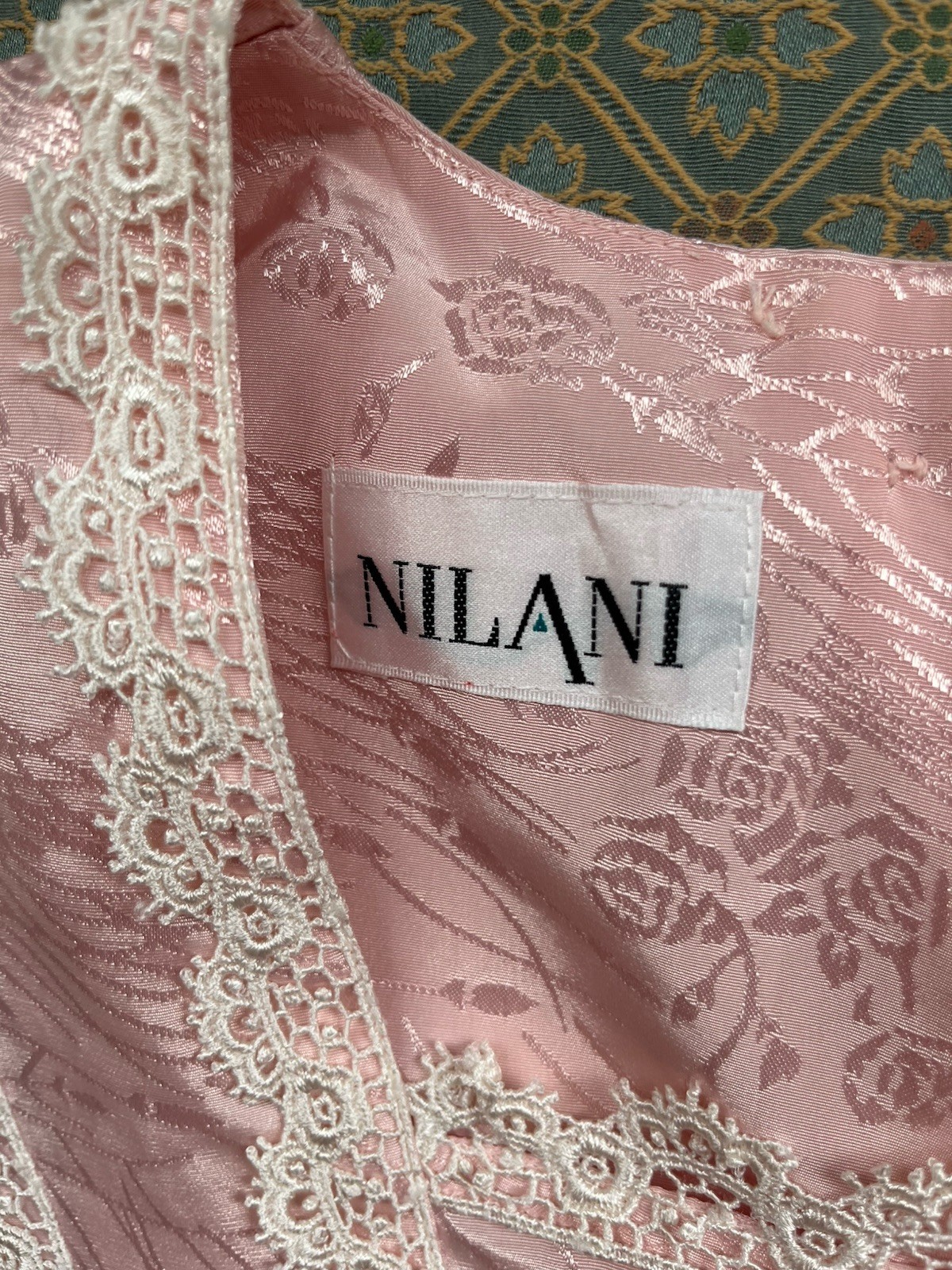 Vtg Nilani Lace Dress Blush Pink Drop Waist Button Shoulder Pads Sz 12
