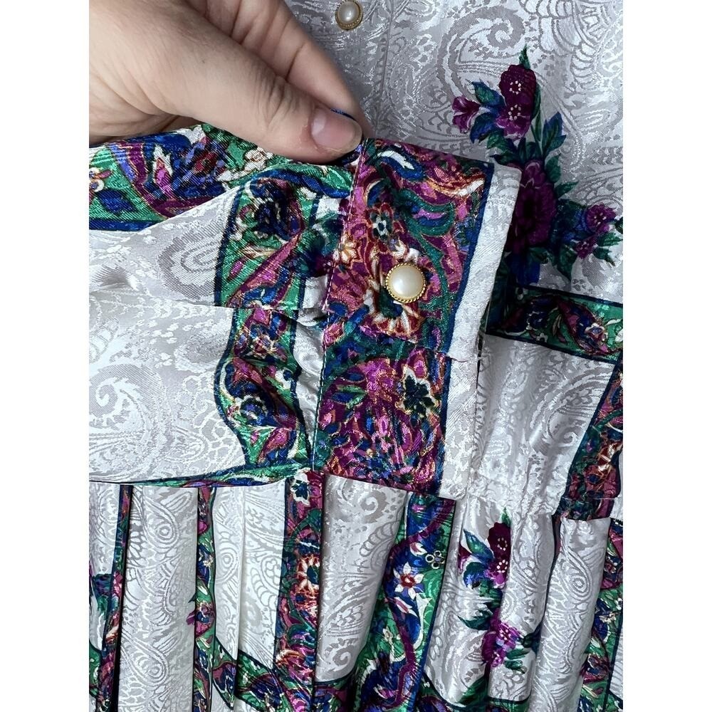 Vintage 80s Schrader Silver Purple Floral Satin Long Sleeve Midi Dress