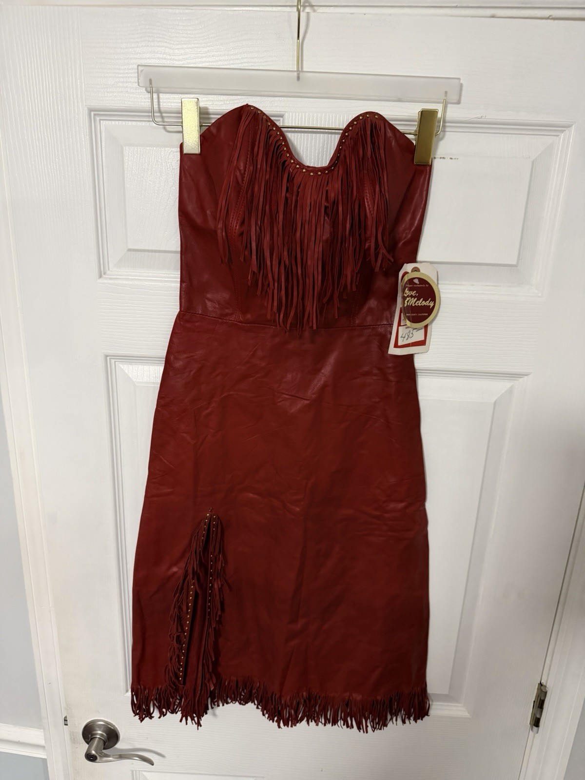 Vintage Red Genuine Leather Fringe Strapless Dress Western Cowgirl Boho