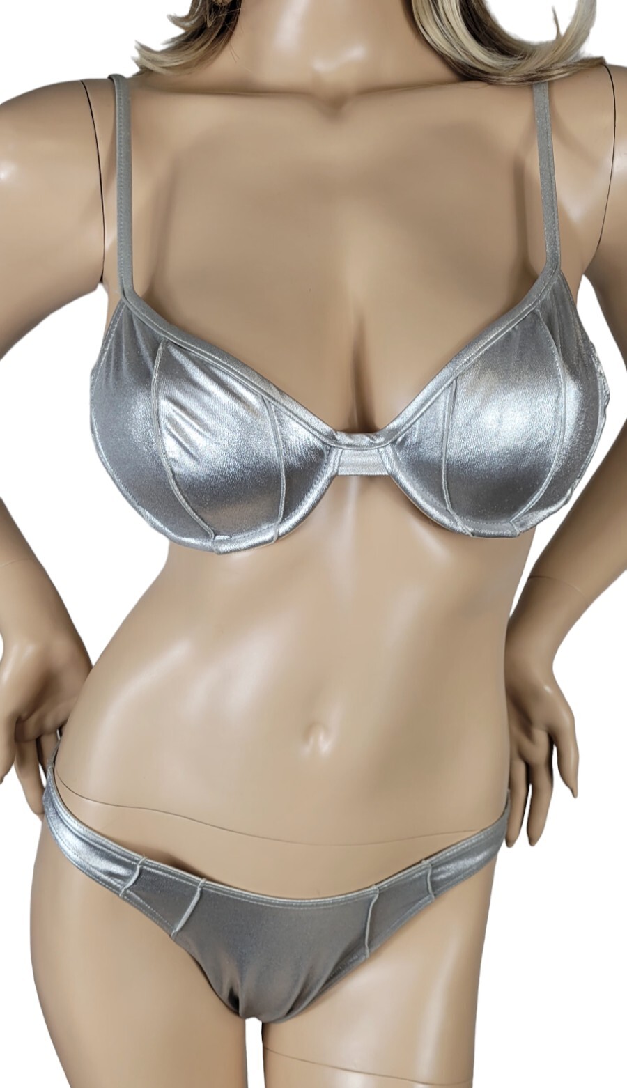 Vintage 1990’s Body Glove Metallic Silver Bikini Swimsuit High Cut Size Large