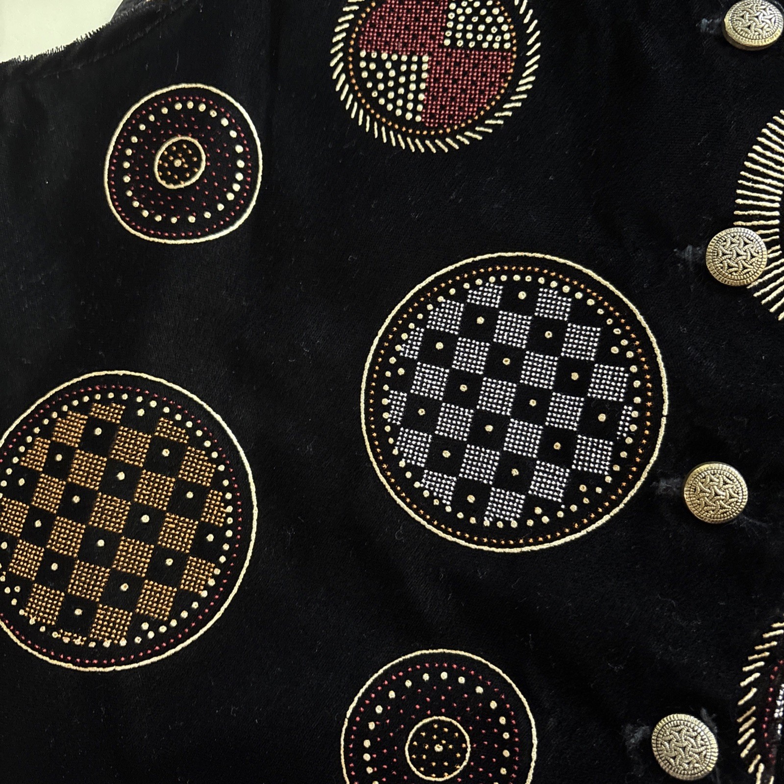 VTG Gold Links Velvet Vest SzL Black Gold Metallic Circle Eclectic Art Deco