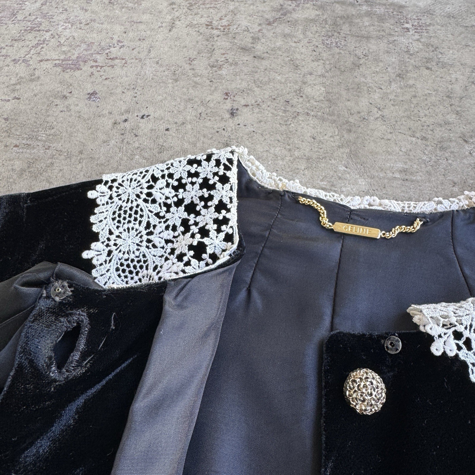 Vtg 80s Celine Velvet Blouse Lace Peter Pan Collar Jacket Tie Ribbon Silk Paris