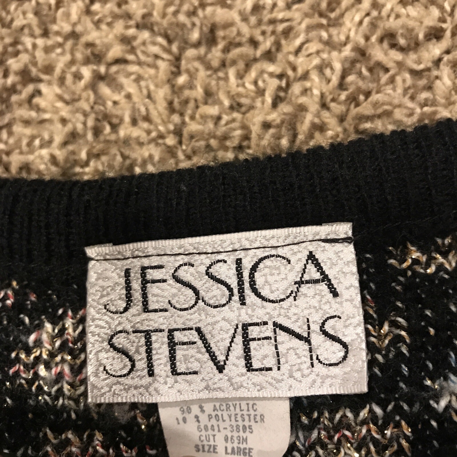 VTG. JESSICA STEVENS Glitter BLACK KNIT SWEATER SIZE L Acrylic Blend A21