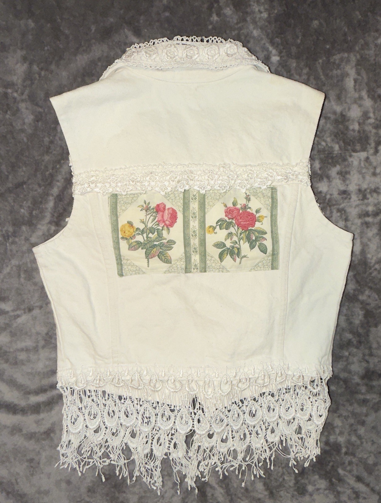 Vintage Watch L.A. Western Denim Vest with Floral Print and Lace Fringe 80s-90s