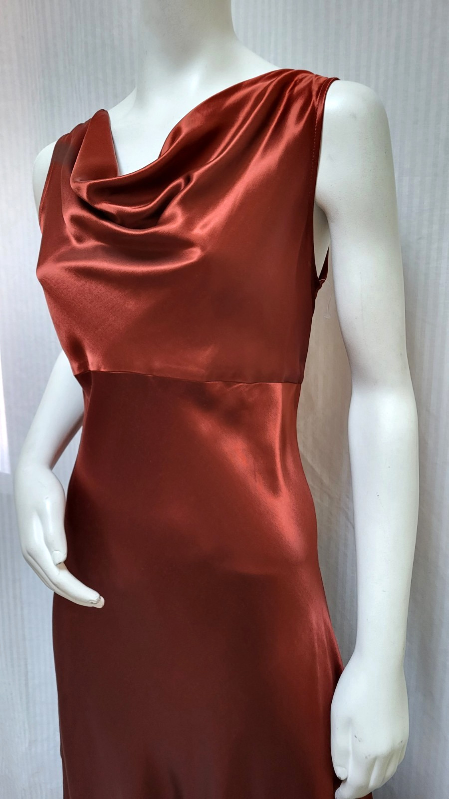 NWOT Vintage BONNIE STRAUSS Copper Brown Satin Bias Cut Draped Dress – Size M