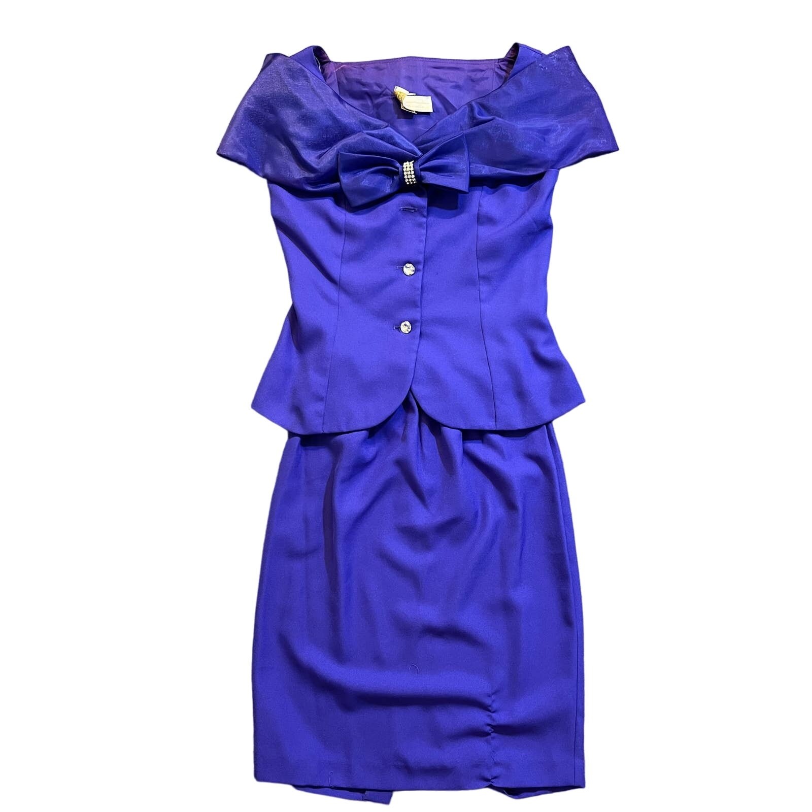 VTG Michael Marcella Skirt Suit Women 4 Purple 2pc Bow Rhinestone 80s Prom Glam