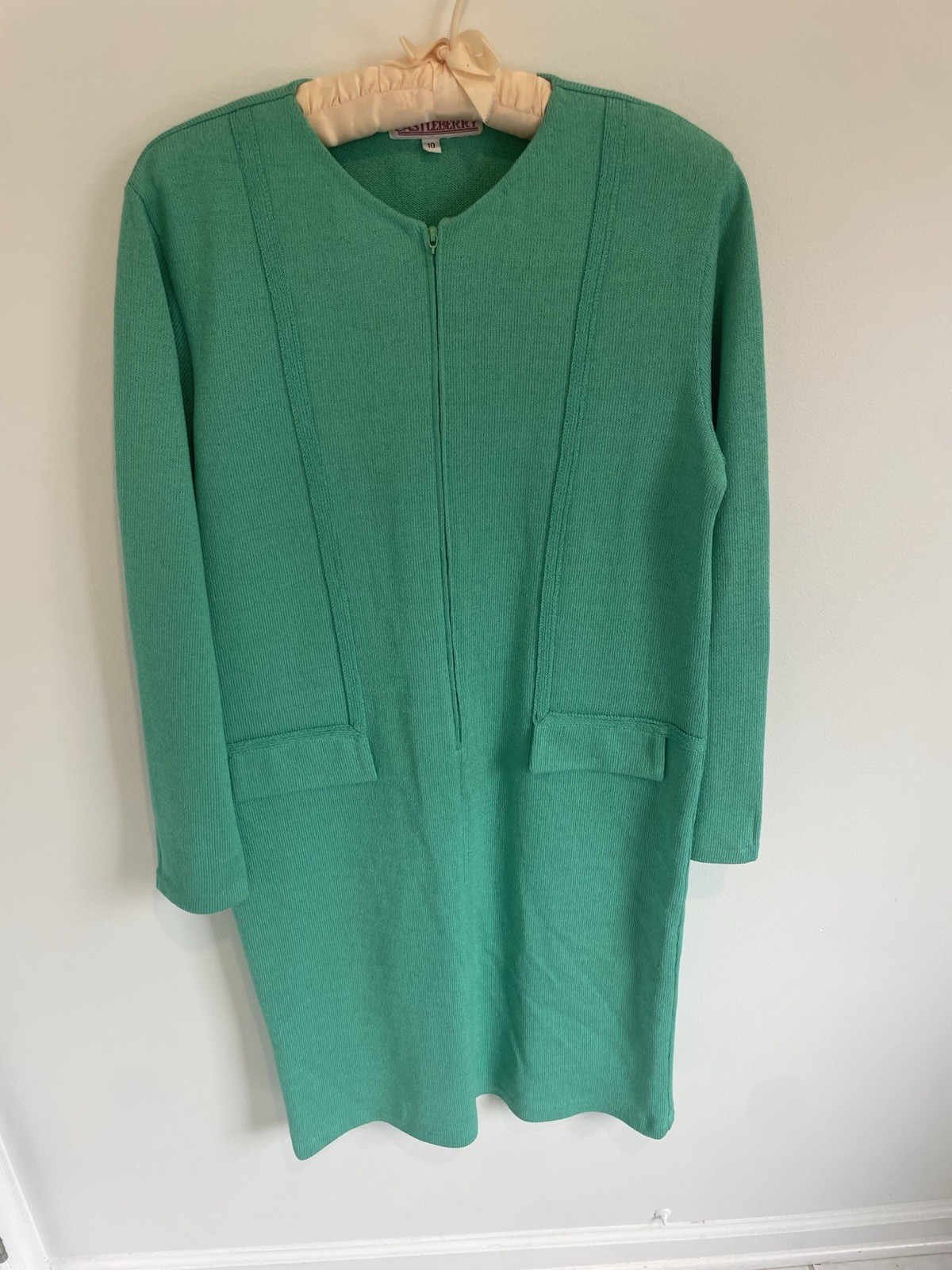 Vintage Knit Castleberry Green Dress 1970s Size 10 1/4 Zip Old Money Long Sleeve